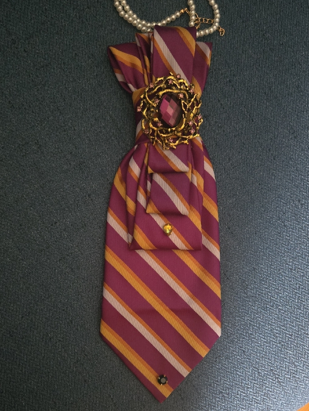 3/$60 Striped Purple and Gold Cravat with Purple and Gold Brooch
